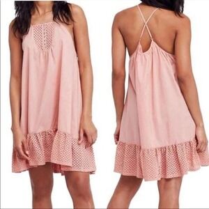 Intimately Free People Slip Eyelet Calico Trapeze Dress‎ Sz Small Peach Cottage